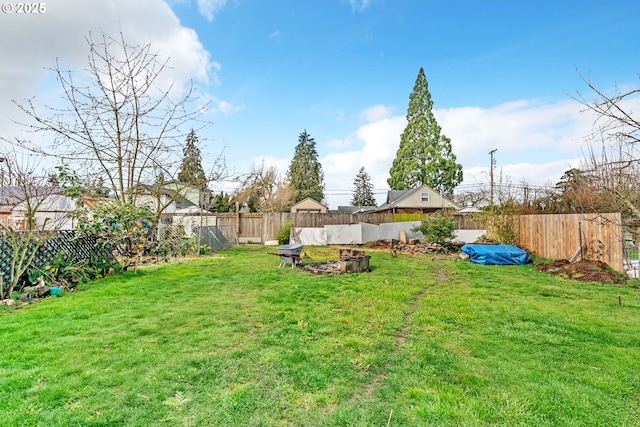 view of yard featuring an outdoor fire pit and a fenced backyard