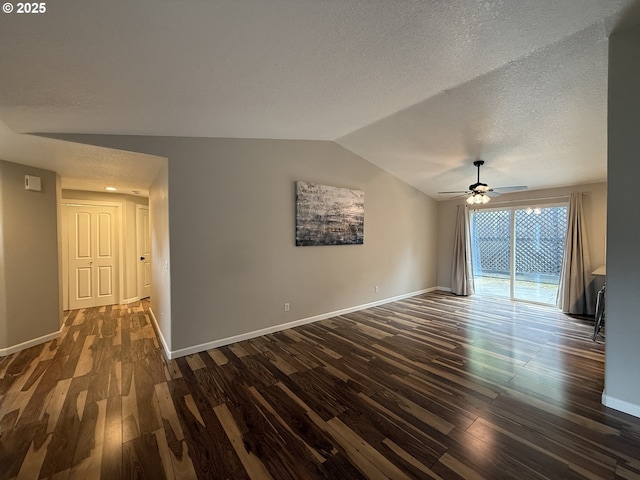 18294 SW Bergs Ct, Beaverton, OR 97003 - empty room featuring dark wood-style flooring, lofted ceiling, a ceiling fan, baseboards, and a textured ceiling