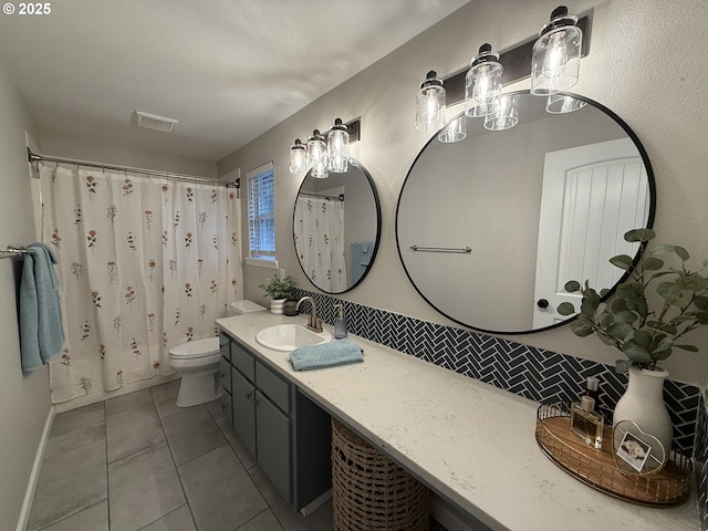 18294 SW Bergs Ct, Beaverton, OR 97003 - full bathroom featuring tasteful backsplash, vanity, tile patterned floors, toilet, and a shower with curtain