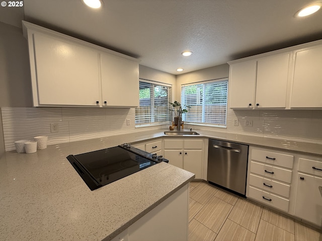 18294 SW Bergs Ct, Beaverton, OR 97003 - kitchen with dishwasher, recessed lighting, white cabinetry, decorative backsplash, and a textured ceiling