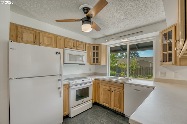 kitchen featuring white appliances, a textured ceiling, a sink, light countertops, and ceiling fan