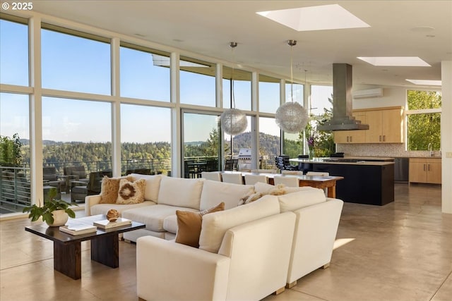 1900 Crest Dr, Lake Oswego, OR 97034 - living area featuring a skylight, a wall of windows, a high ceiling, and concrete floors