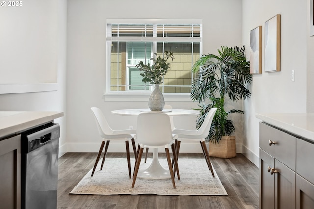 dining room featuring dark wood-style flooring and baseboards