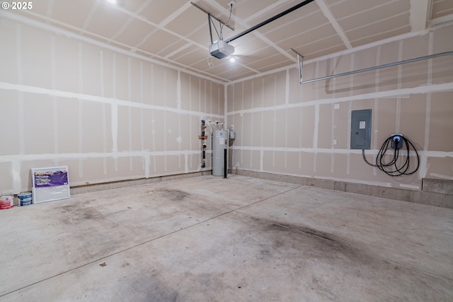garage featuring a garage door opener, electric water heater, and electric panel