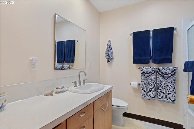 3621 NE 10th St, Otis, OR 97368 - bathroom featuring toilet, vanity, a shower, and baseboards