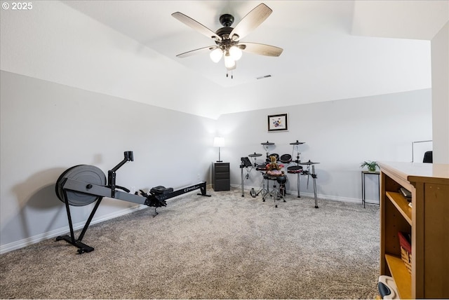 exercise room with carpet flooring, a ceiling fan, baseboards, and visible vents