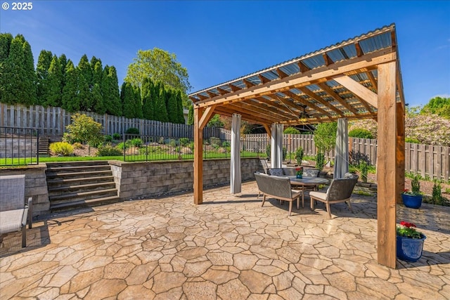 view of patio / terrace with a pergola, outdoor dining area, and a fenced backyard