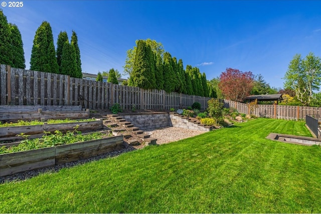 view of yard featuring a fenced backyard and a vegetable garden