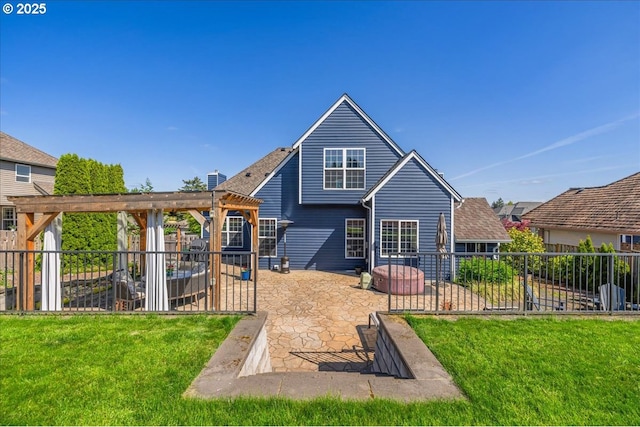 back of house with fence, a pergola, a lawn, and a patio