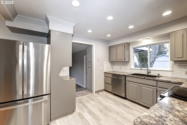 kitchen with stainless steel appliances, a sink, light wood-style floors, gray cabinets, and tasteful backsplash