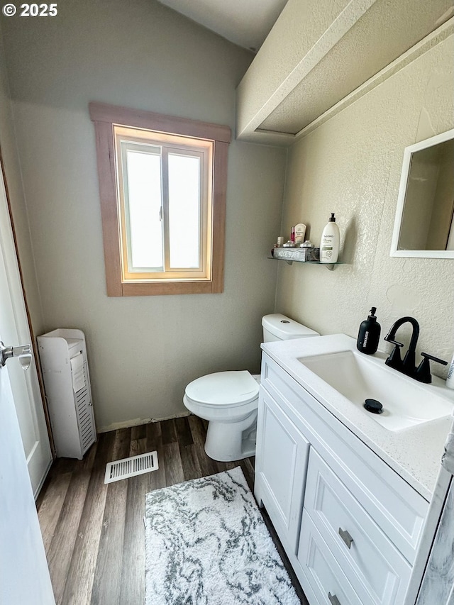 1315 Auburn Ave, Baker City, OR 97814 - half bath featuring vanity, toilet, wood finished floors, and a textured wall