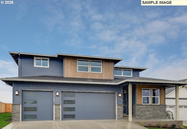 view of front of home with stone siding, an attached garage, driveway, fence, and covered porch