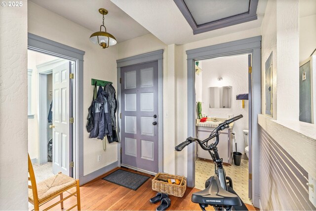 entrance foyer with baseboards and wood finished floors