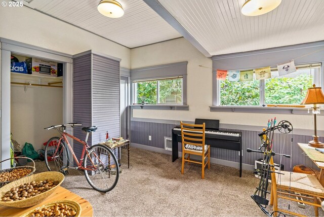 game room featuring a wainscoted wall, visible vents, and carpet floors