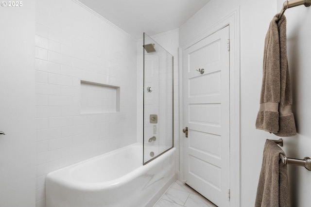 3537 SW Woods St, Portland, OR 97221 - bathroom featuring marble finish floors, washtub / shower combination, and crown molding