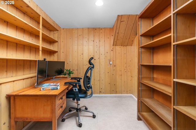 3537 SW Woods St, Portland, OR 97221 - home office featuring baseboards, wood walls, light tile patterned floors, and recessed lighting