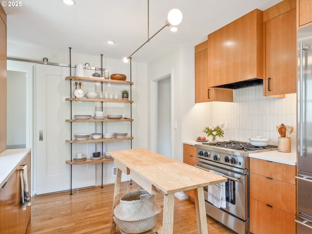 3556 NE Alberta Ct, Portland, OR 97211 - kitchen featuring high end appliances, light wood finished floors, light countertops, decorative backsplash, and modern cabinets