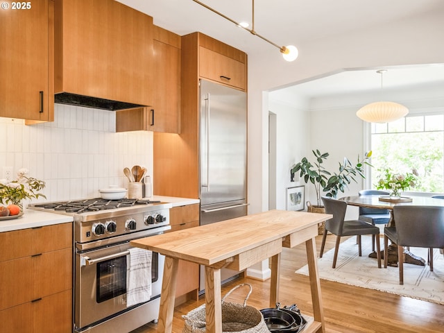 3556 NE Alberta Ct, Portland, OR 97211 - kitchen with premium appliances, light wood-style flooring, light countertops, backsplash, and hanging light fixtures