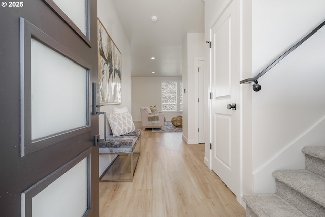 143 W 20th Way, La Center, WA 98629 - foyer entrance with light wood-style flooring, stairs, and recessed lighting