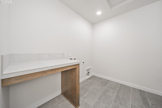 143 W 20th Way, La Center, WA 98629 - washroom with hookup for an electric dryer, hookup for a washing machine, recessed lighting, and a desk