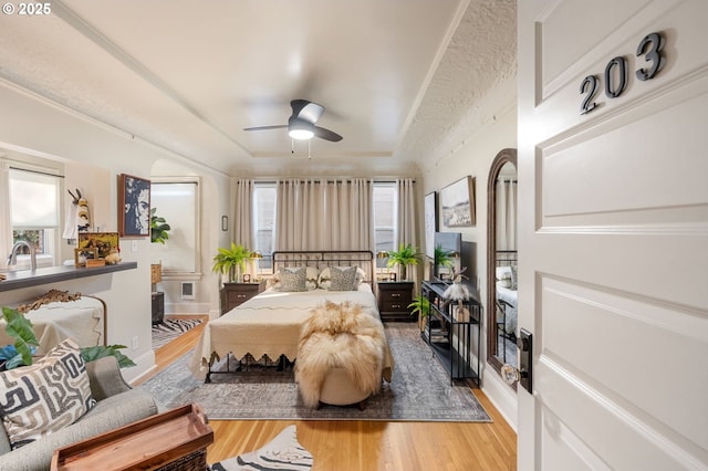 bedroom featuring wood-type flooring and a raised ceiling