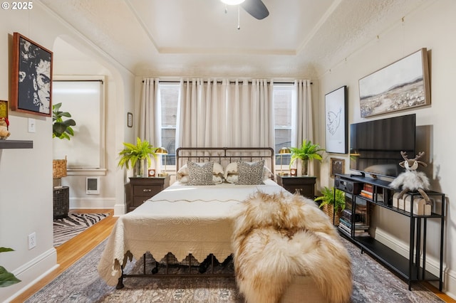 bedroom featuring wood-type flooring and a raised ceiling