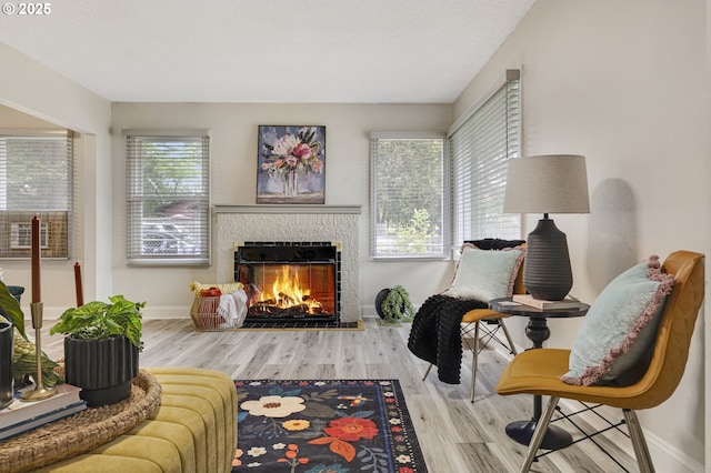 sitting room with a lit fireplace, wood finished floors, and baseboards