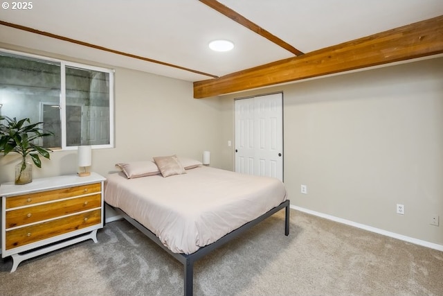 bedroom with carpet flooring, baseboards, and a closet