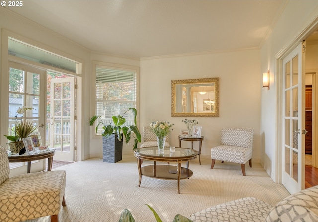 living area with ornamental molding, french doors, carpet, and baseboards