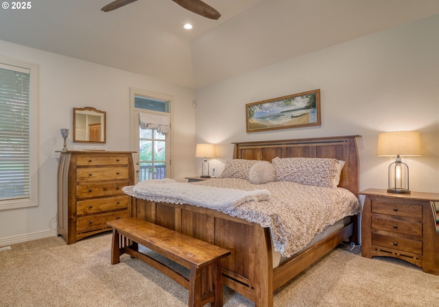 bedroom featuring ceiling fan, lofted ceiling, recessed lighting, light carpet, and baseboards