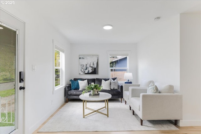 living room with baseboards and light wood-style floors