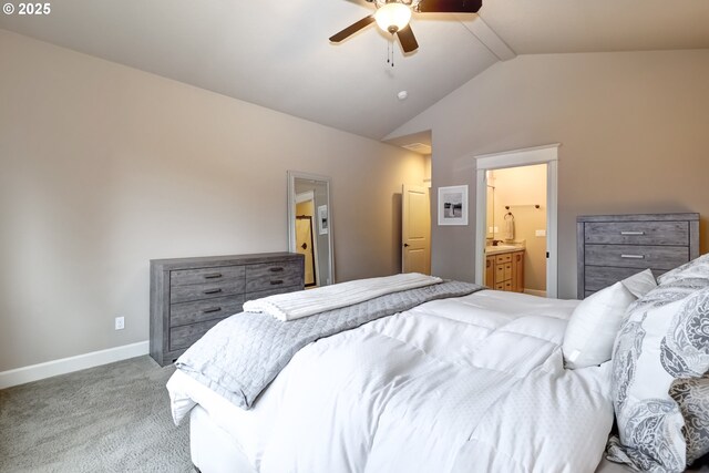 9350 SW Gertz Ln, Tualatin, OR 97062 - bedroom with vaulted ceiling, carpet, baseboards, connected bathroom, and ceiling fan