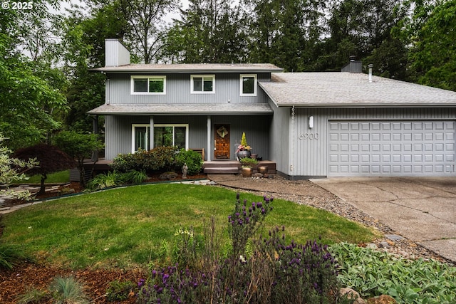6900 SW Preslynn Dr, Portland, OR 97225 - view of front of home with a chimney, driveway, a porch, a garage, and a front lawn