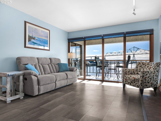 1 3rd St Unit 204, Astoria, OR 97103 - living area featuring rail lighting, wood finished floors, and a water view