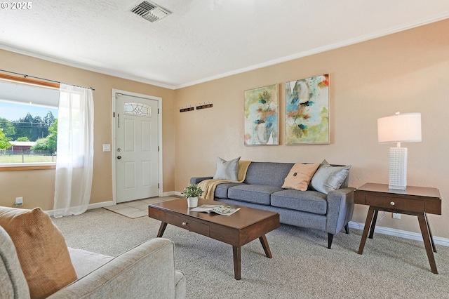 4750 SW 3rd St, Corvallis, OR 97333 - living room with light carpet, baseboards, ornamental molding, and a textured ceiling