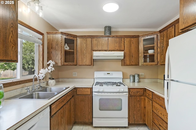 4750 SW 3rd St, Corvallis, OR 97333 - kitchen featuring white appliances, extractor fan, a sink, brown cabinetry, and light countertops