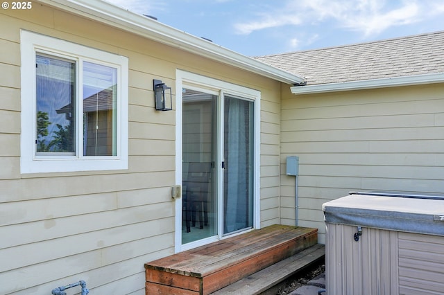 4750 SW 3rd St, Corvallis, OR 97333 - entrance to property with a shingled roof and a hot tub