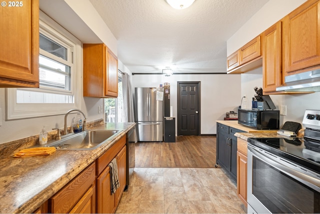 kitchen featuring under cabinet range hood, stainless steel appliances, brown cabinetry, and a sink