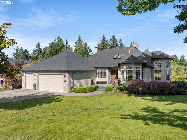 2130 S 26th Ave, Ridgefield, WA 98642 - view of front facade featuring a front yard, an attached garage, a chimney, and concrete driveway