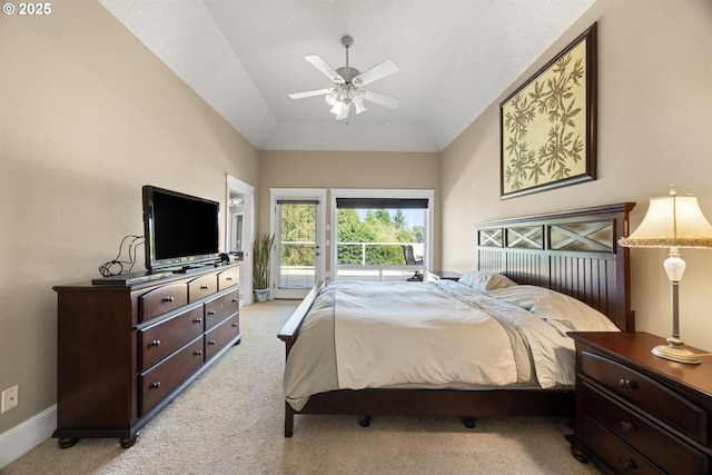 2130 S 26th Ave, Ridgefield, WA 98642 - bedroom featuring access to exterior, light carpet, vaulted ceiling, and ceiling fan