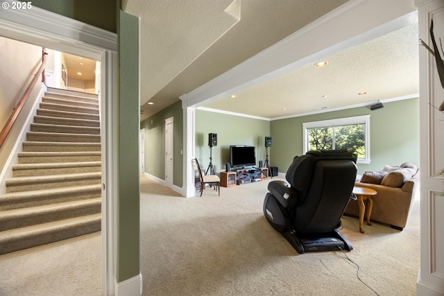 2130 S 26th Ave, Ridgefield, WA 98642 - living area featuring carpet floors, crown molding, stairway, and recessed lighting