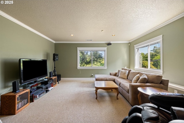 2130 S 26th Ave, Ridgefield, WA 98642 - living room featuring crown molding, a textured ceiling, recessed lighting, and carpet floors
