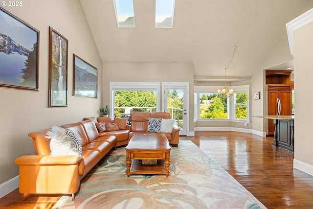 2130 S 26th Ave, Ridgefield, WA 98642 - living room with a chandelier, wood finished floors, high vaulted ceiling, and a skylight