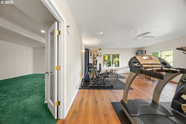 2130 S 26th Ave, Ridgefield, WA 98642 - exercise room featuring a ceiling fan, wood finished floors, recessed lighting, and a textured ceiling