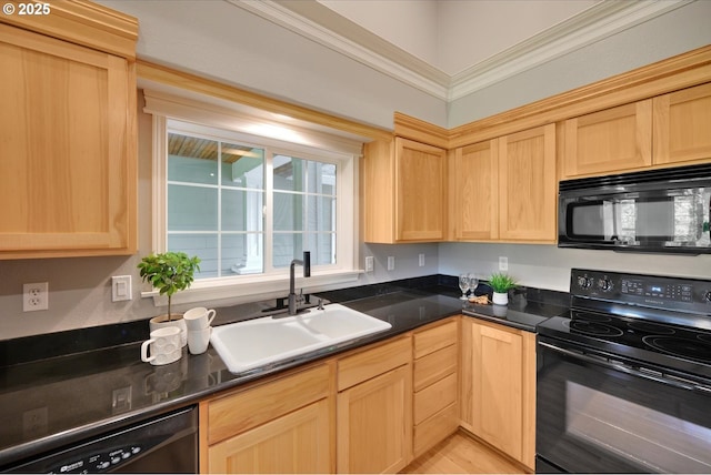 15564 S Neibur Rd, Oregon City, OR 97045 - kitchen featuring a sink, light brown cabinetry, black appliances, and dark countertops