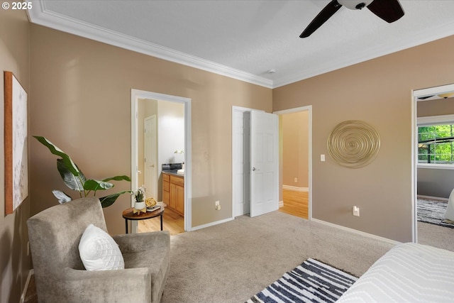 15564 S Neibur Rd, Oregon City, OR 97045 - bedroom featuring ornamental molding, baseboards, ensuite bathroom, ceiling fan, and light colored carpet