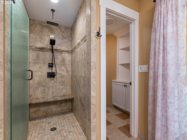 full bathroom with visible vents, tile patterned flooring, and a stall shower