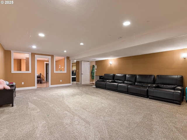 living area featuring carpet floors, recessed lighting, and baseboards