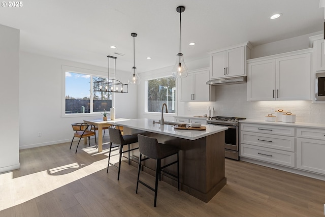 kitchen with white cabinetry, decorative light fixtures, a kitchen island with sink, and stainless steel appliances