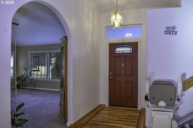 130 Candice Ct, Medford, OR 97504 - entryway featuring a chandelier and dark colored carpet